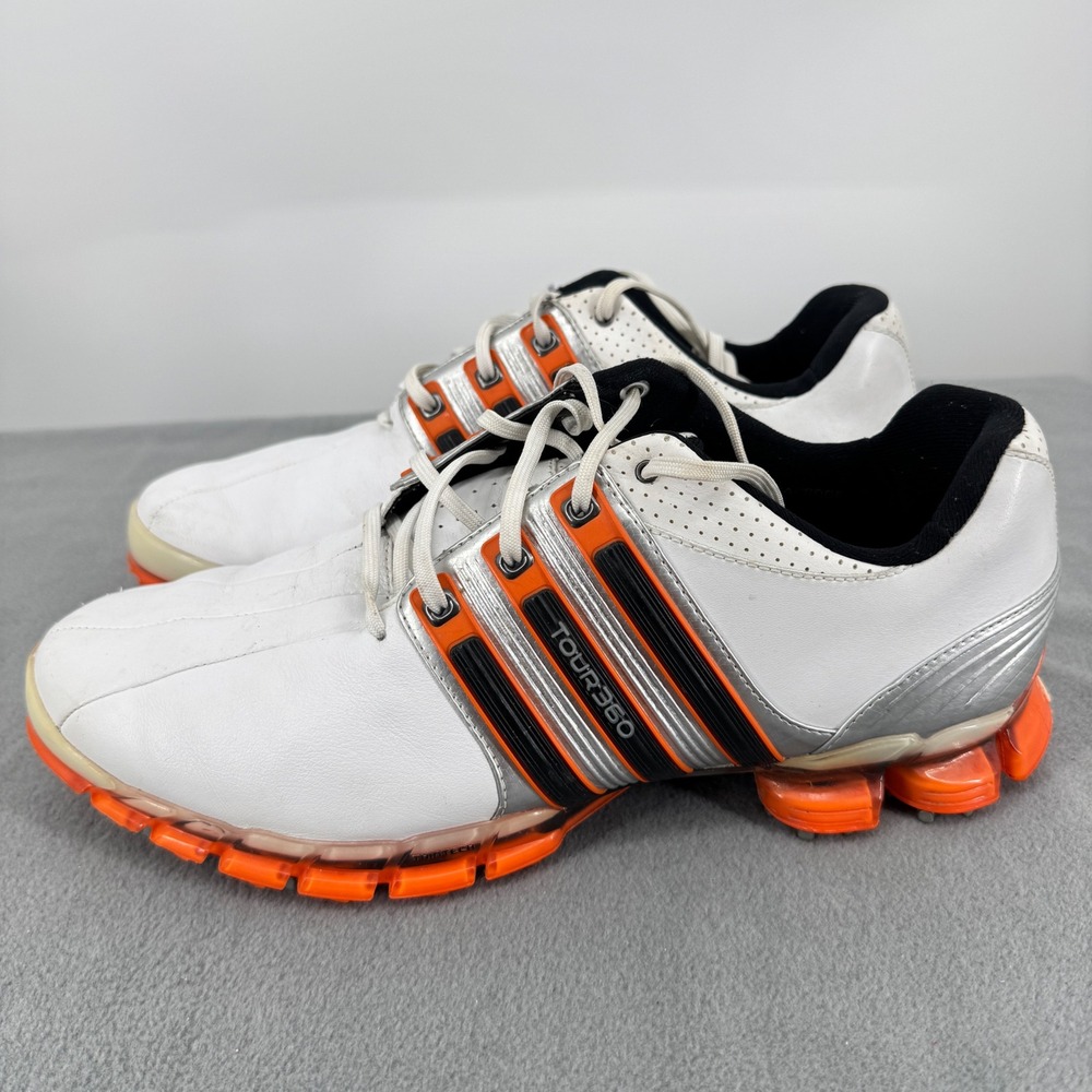 adidas Tour360 Mens 10 Leather Spiked Golf Shoes White Orange 072518 ThinTech
